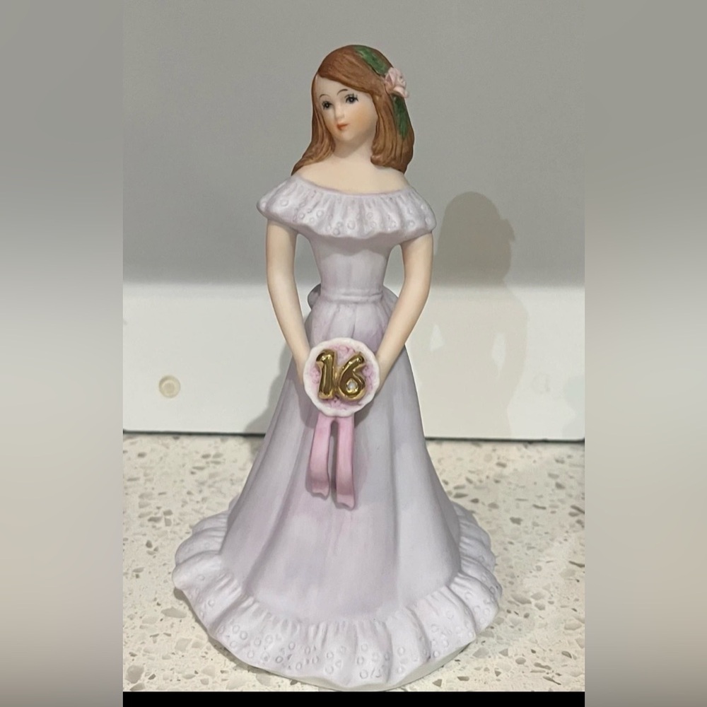 Porcelain Sweet 16 Figurine in Soft Lavender and Pink and music box.
